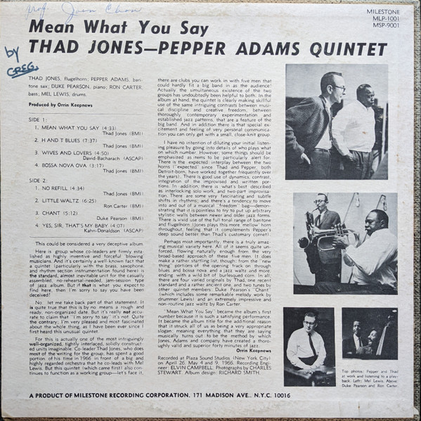 Thad Jones / Pepper Adams Quintet - Mean What You Say | Milestone (MSP 9001) - 2 Thad Jones / Pepper Adams Quintet - Mean What You Say | Milestone (MSP 9001) - 2