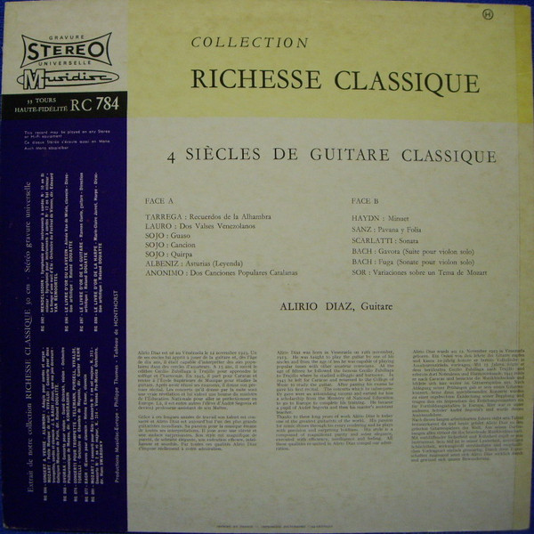 Alirio Díaz - 4 Siècles De Guitare Classique | Musidisc (30 RC 784) - 2 Alirio Díaz - 4 Siècles De Guitare Classique | Musidisc (30 RC 784) - 2