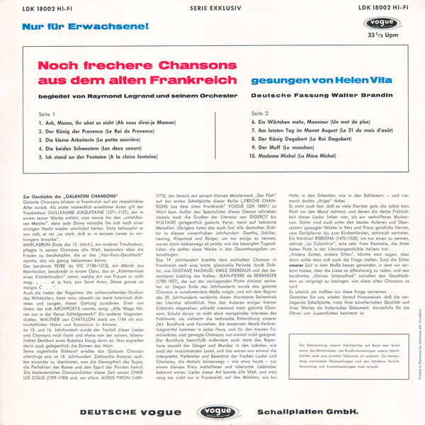 Helen Vita - Noch Frechere Chansons Aus Dem Alten Frankreich | Vogue Schallplatten (LDK 18002) - 2 Helen Vita - Noch Frechere Chansons Aus Dem Alten Frankreich | Vogue Schallplatten (LDK 18002) - 2