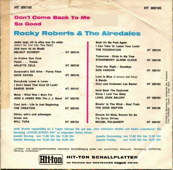 Rocky Roberts E I Pirañas / Rocky Roberts & The Airedales - Don't Come Back To Me / So Good | Durium (HT 300185) - 2 Rocky Roberts E I Pirañas / Rocky Roberts & The Airedales - Don't Come Back To Me / So Good | Durium (HT 300185) - 2