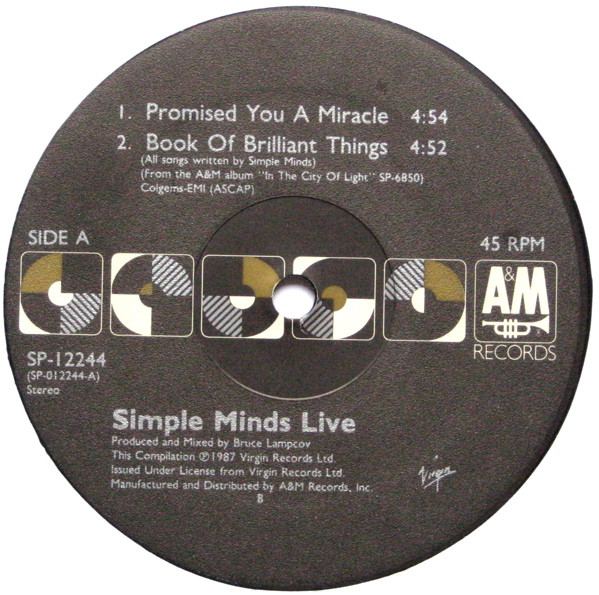 Simple Minds - Promised You A Miracle / Book Of Brilliant Things / Glittering Prize / Celebrate (Simple Minds Live) | A&M Records (SP-12244) - 3