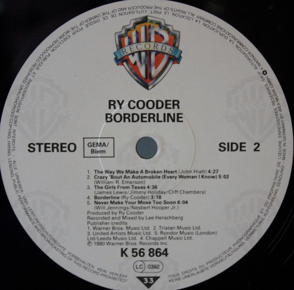 Ry Cooder - Borderline | Warner Bros. Records (WB 56 864) - 2 Ry Cooder - Borderline | Warner Bros. Records (WB 56 864) - 2