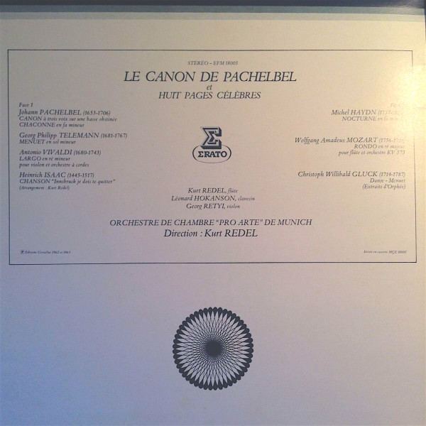 Johann Pachelbel — Orchestre Pro Arte De Munich , Kurt Redel - Le Canon De Pachelbel Et Huit Pages Célèbres [Vinyl] | Erato (EFM 18005) - 2