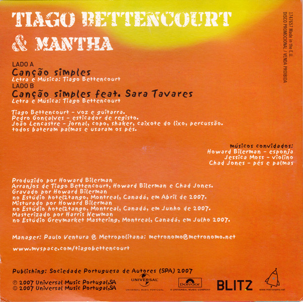 Tiago Bettencourt & Mantha - Canção Simples | Universal Music Portugal (1747657) - 2