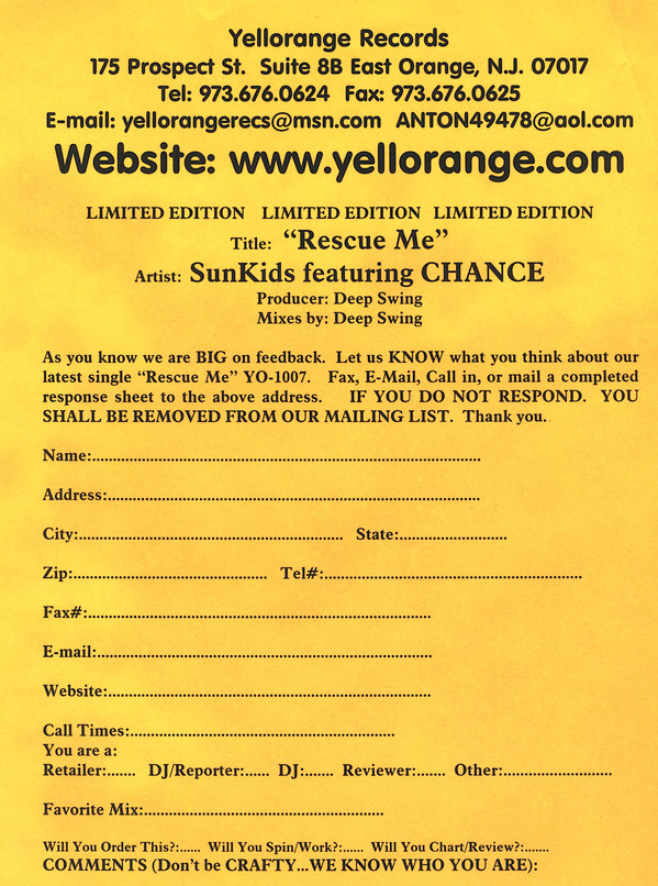 Sunkids Featuring Chance - Rescue Me | Yellorange (YO - 1007) - 3