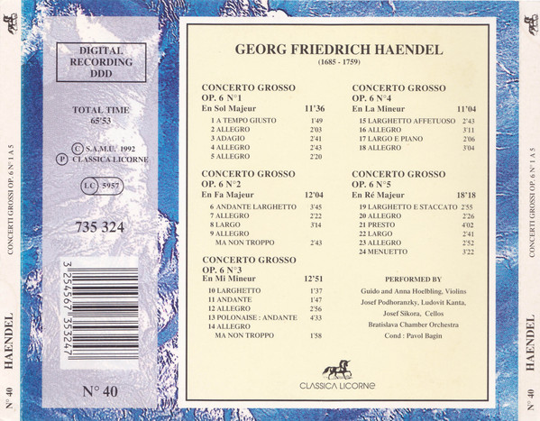 Georg Friedrich Händel - Concerti Grossi Op.6 N° 1 A 5 | Classica Licorne (735 324) - 2