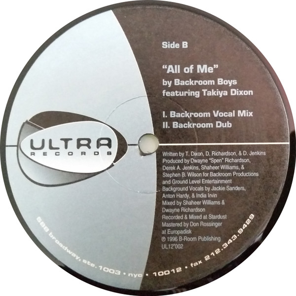 Backroom Boys Featuring Takiya Dixon - All Of Me | Ultra Records (UL12"002) - 3