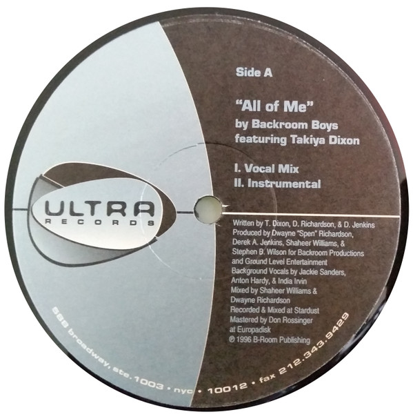 Backroom Boys Featuring Takiya Dixon - All Of Me | Ultra Records (UL12"002) - 2