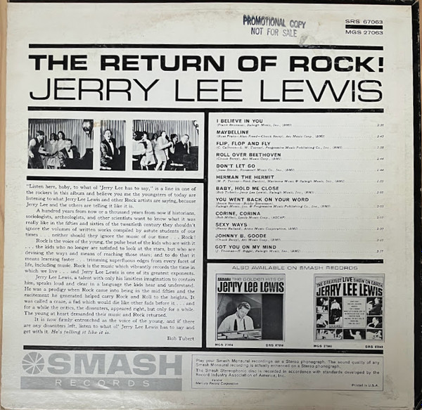 Jerry Lee Lewis - The Return Of Rock! | Smash Records (SRS 67063) - 2