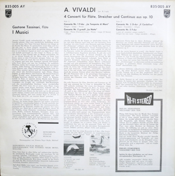 I Musici , Gastone Tassinari - Antonio Vivaldi - 4 Concerti Für Flöte, Streicher Und Continuo Aus Op. 10 Nr. 1, 2, 3 Und 5 | Philips (835 005 AY) - 2 I Musici , Gastone Tassinari - Antonio Vivaldi - 4 Concerti Für Flöte, Streicher Und Continuo Aus Op. 10 Nr. 1, 2, 3 Und 5 | Philips (835 005 AY) - 2