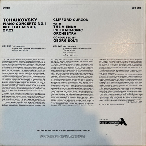 Clifford Curzon , Wiener Philharmoniker , Georg Solti - Pyotr Ilyich Tchaikovsky - Piano Concerto No 1 In B Flat Minor, Op. 23 | Ace Of Diamonds (SDD 2180) - 2