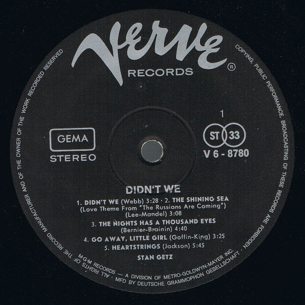 Stan Getz - Didn't We | Verve Records (V6-8780) - 2