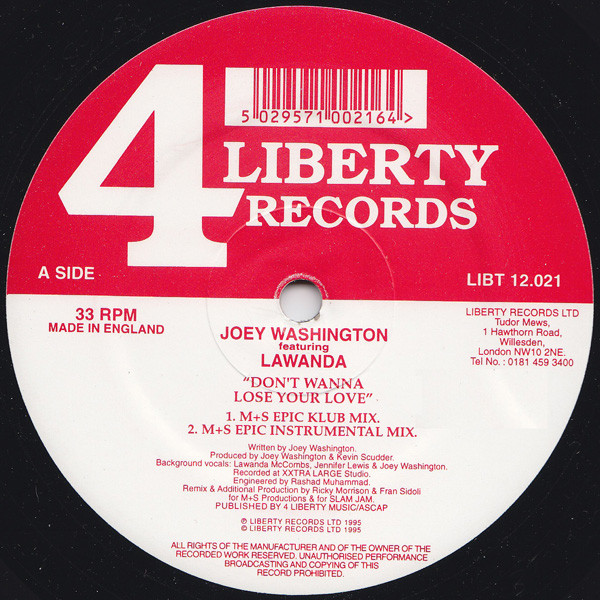 Joey Washington Featuring Lawanda - Don't Wanna Lose Your Love | 4 Liberty Records (LIBT 12.021)