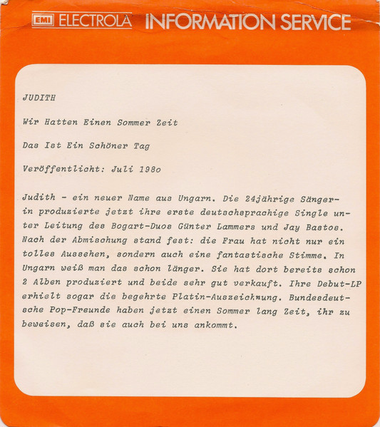 Judit Szűcs - Wir Hatten Einen Sommer Zeit | EMI (1C 006-46 073) - 4