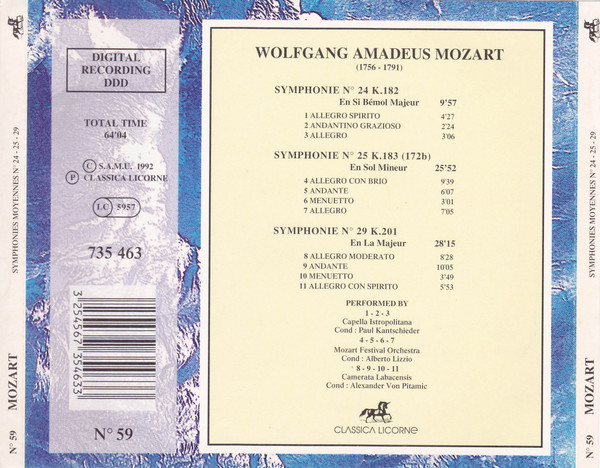 Wolfgang Amadeus Mozart - Symphonies Moyennes - No. 24 - 25 -29 | Classica Licorne (735 463) - 2