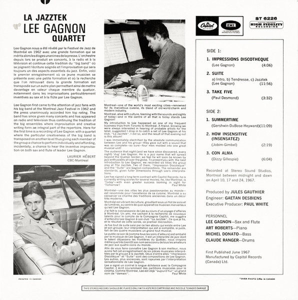 The Lee Gagnon Quartet - La Jazztek | Capitol Records (ST 6226) - 2 The Lee Gagnon Quartet - La Jazztek | Capitol Records (ST 6226) - 2