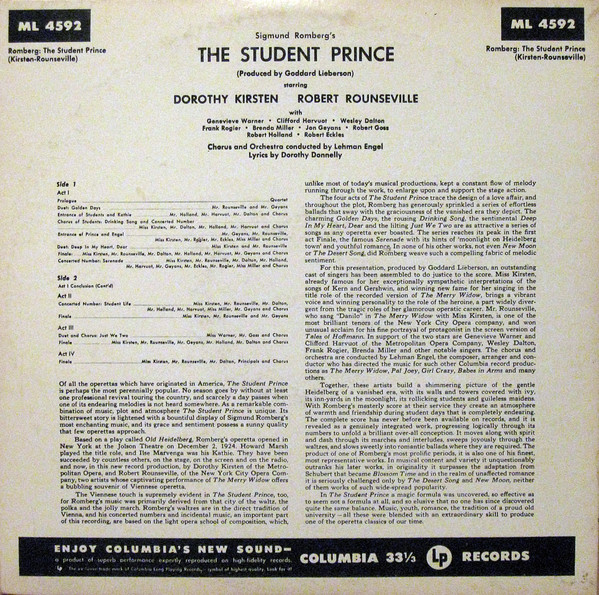Dorothy Kirsten , Robert Rounseville - The Student Prince | Columbia Masterworks (ML 4592) - 2 Dorothy Kirsten , Robert Rounseville - The Student Prince | Columbia Masterworks (ML 4592) - 2