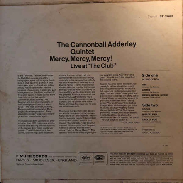 The Cannonball Adderley Quintet - Mercy, Mercy, Mercy! - Live At "The Club" | Capitol Records (ST 2663) - 2