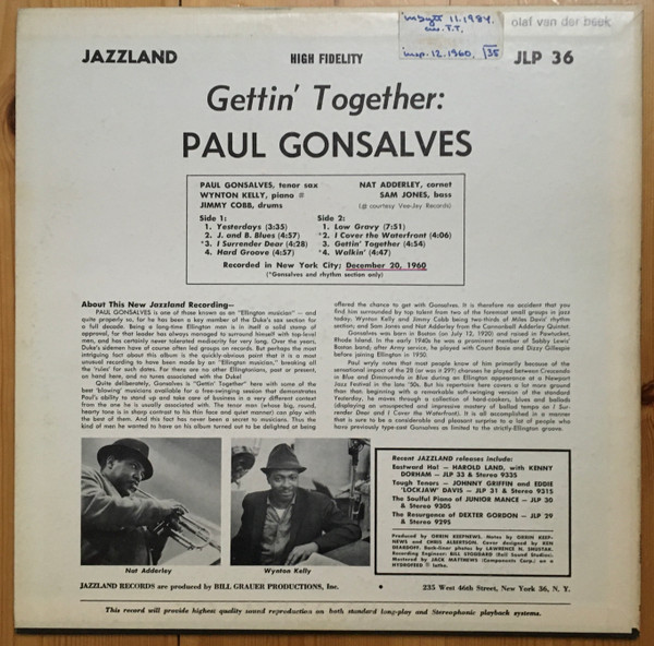 Paul Gonsalves - Gettin' Together | Jazzland (JLP 36) - 2 Paul Gonsalves - Gettin' Together | Jazzland (JLP 36) - 2
