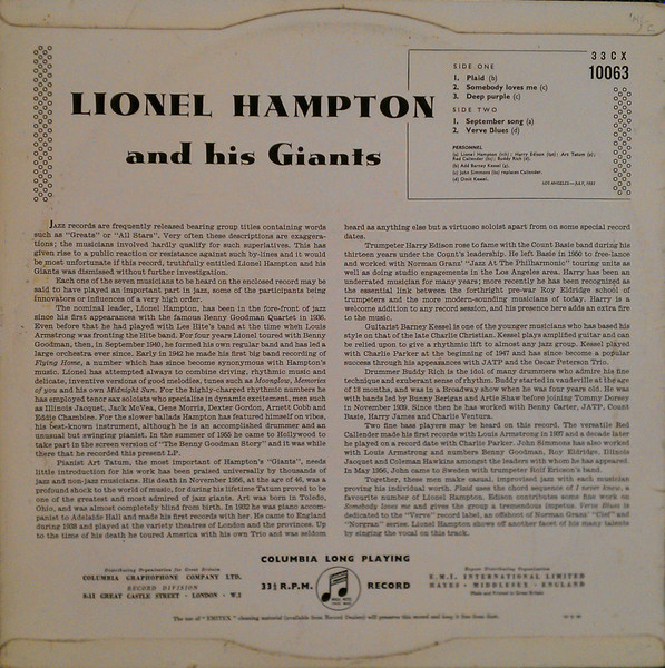 Lionel Hampton - Lionel Hampton And His Giants | Columbia (33CX 10063) - 2