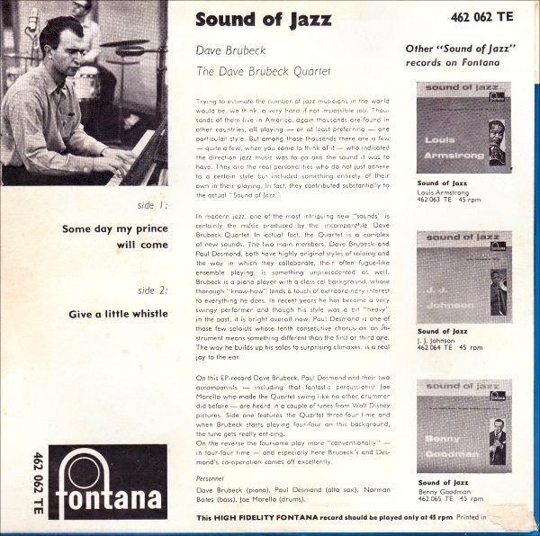 Dave Brubeck - Sound Of Jazz (Some Day My Prince Will Come - Give A Little Whistle) | Fontana (462 062 TE) - 2