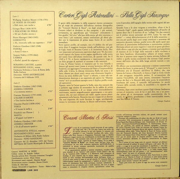 Rosanna Carteri , Beniamino Gigli , Nino Antonellini - Antonietta Stella , Beniamino Gigli , Nino Sanzogno - Concerti Martini & Rossi: Carteri Gigli Antonellini - Stella Gigli Sanzogno | Fonit Cetra (LMR 5005) - 2