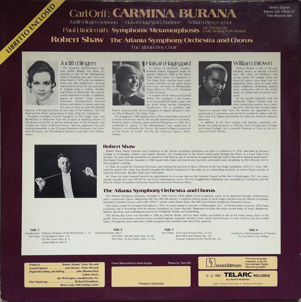 Carl Orff , Paul Hindemith , Robert Shaw , Atlanta Symphony Orchestra And Atlanta Symphony Chorus , Judith Blegen , Håkan Hagegård , William Brown , The Atlanta Boy Choir - Carmina Burana, Symphonic Metamorphosis | Telarc (DG 10056/57) - 4 Carl Orff , Paul Hindemith , Robert Shaw , Atlanta Symphony Orchestra And Atlanta Symphony Chorus , Judith Blegen , Håkan Hagegård , William Brown , The Atlanta Boy Choir - Carmina Burana, Symphonic Metamorphosis | Telarc (DG 10056/57) - 4