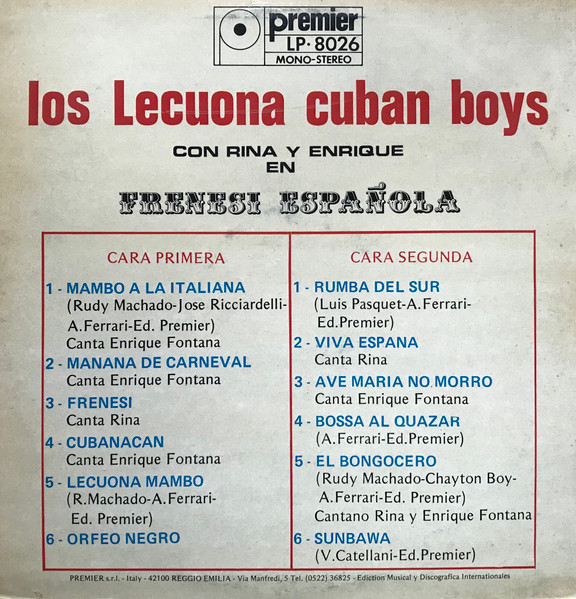 Lecuona Cuban Boys - Frenesi Española | Premier (LP-8026) - 2 Lecuona Cuban Boys - Frenesi Española | Premier (LP-8026) - 2