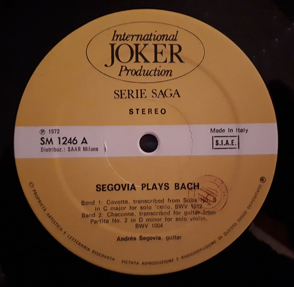 Andrés Segovia - Johann Sebastian Bach - Segovia Plays Bach | Joker (SM 1246) - main