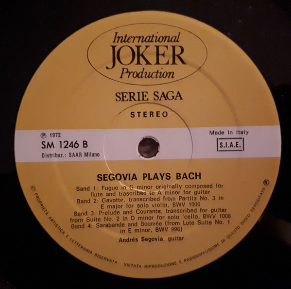 Andrés Segovia - Johann Sebastian Bach - Segovia Plays Bach | Joker (SM 1246) - 2