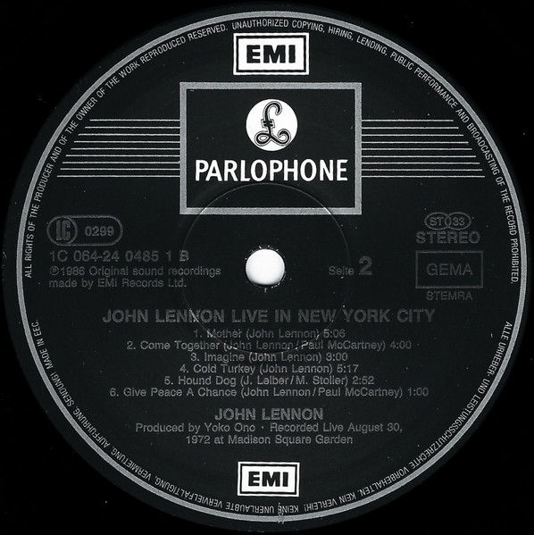 John Lennon - Live In New York City | Parlophone (064 24 0485 1) - 4 John Lennon - Live In New York City | Parlophone (064 24 0485 1) - 4