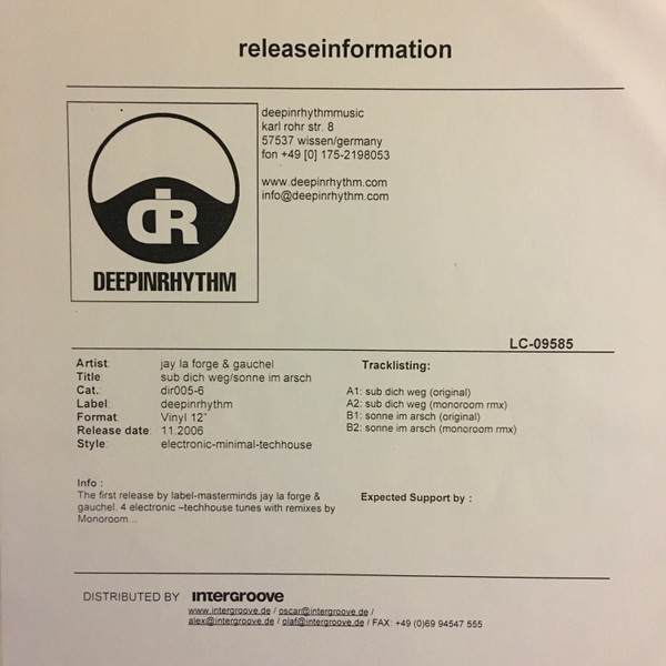 Jay La Forge & Gauchel - Sub Dich Weg / Sonne Im Arsch | Deep In Rhythm (DIR 005) - main