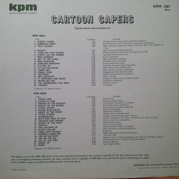 William Merrick Farran - Cartoon Capers - Typical Cartoon And Animation Set | KPM Music (KPM 1081) - 2