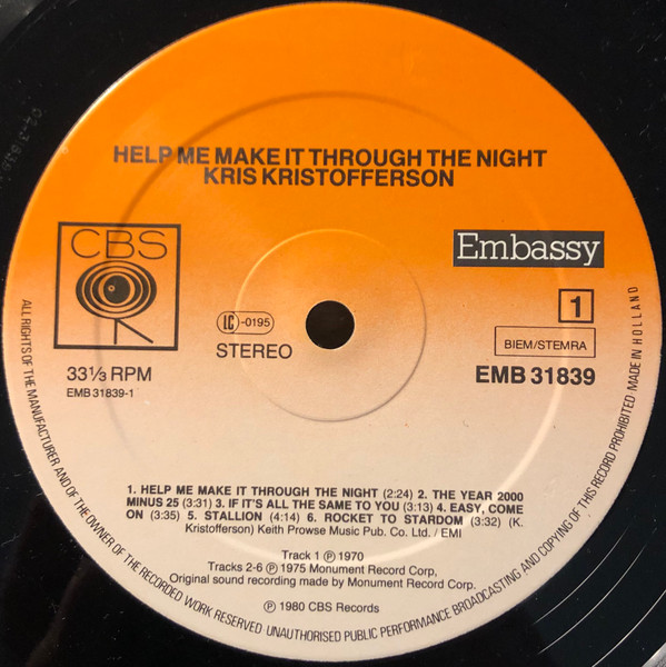 Kris Kristofferson - Help Me Make It Through The Night | Embassy (EMB 31839) - 3 Kris Kristofferson - Help Me Make It Through The Night | Embassy (EMB 31839) - 3