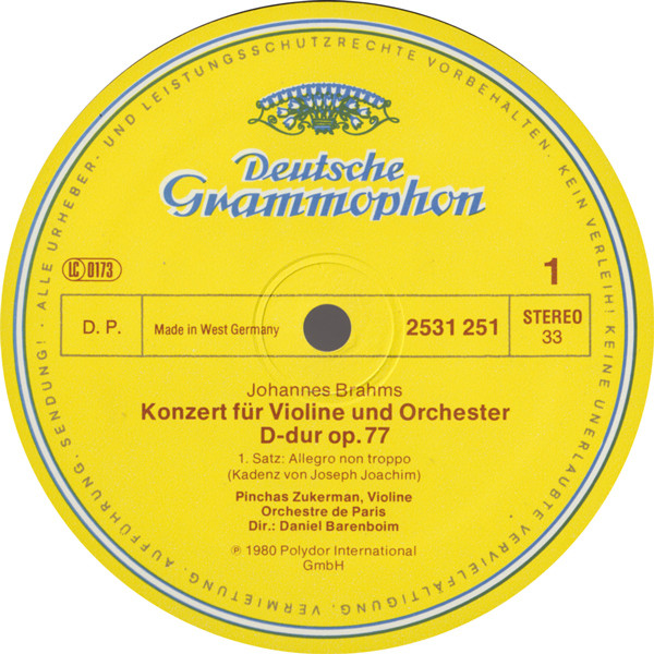 Johannes Brahms - Pinchas Zukerman · Orchestre De Paris · Daniel Barenboim - Violinkonzert · Violin Concerto | Deutsche Grammophon (2531 251) - 3