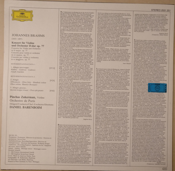 Johannes Brahms - Pinchas Zukerman · Orchestre De Paris · Daniel Barenboim - Violinkonzert · Violin Concerto | Deutsche Grammophon (2531 251) - 2