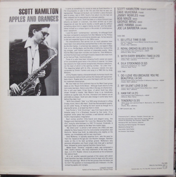 Scott Hamilton - Apples And Oranges | Concord Jazz (CJ-165) - 2