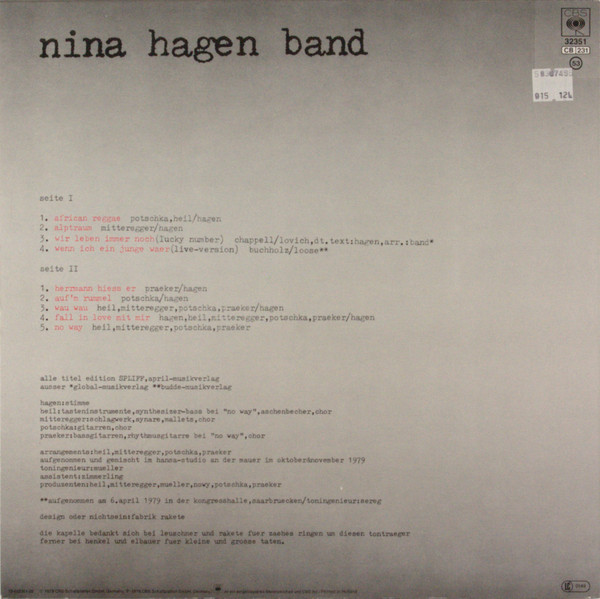 Nina Hagen Band - Unbehagen | CBS (CBS 32351) - 2