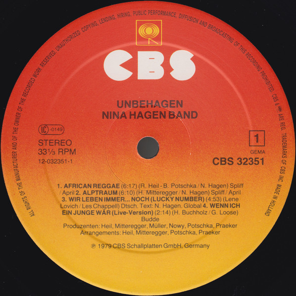 Nina Hagen Band - Unbehagen | CBS (CBS 32351) - 3