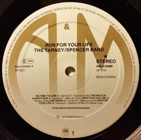 The Tarney/Spencer Band - Run For Your Life | A&M Records (AMLH 20068) - 3