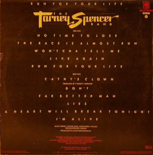 The Tarney/Spencer Band - Run For Your Life | A&M Records (AMLH 20068) - 2
