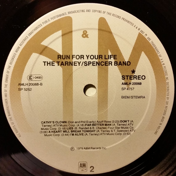 The Tarney/Spencer Band - Run For Your Life | A&M Records (AMLH 20068) - 4