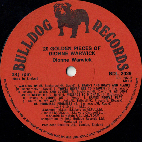 Dionne Warwick - 20 Golden Pieces Of Dionne Warwick | Bulldog Records (BDL 2029) - 4 Dionne Warwick - 20 Golden Pieces Of Dionne Warwick | Bulldog Records (BDL 2029) - 4
