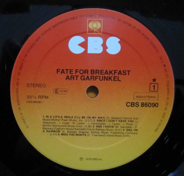 Art Garfunkel - Fate For Breakfast | CBS (CBS 86090) - 3