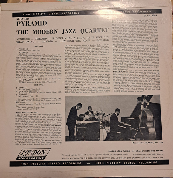 The Modern Jazz Quartet - Pyramid | London (SAHA 6086) - 2 The Modern Jazz Quartet - Pyramid | London (SAHA 6086) - 2
