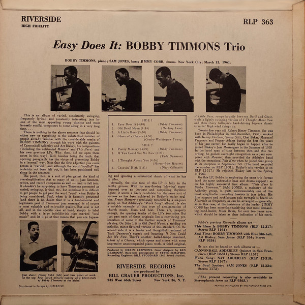 The Bobby Timmons Trio - Easy Does It | Riverside Records (RLP 363) - 2 The Bobby Timmons Trio - Easy Does It | Riverside Records (RLP 363) - 2