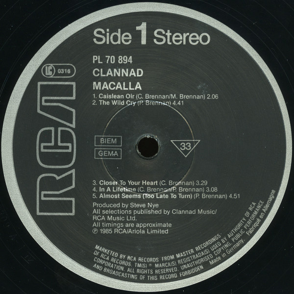 Clannad - Macalla | RCA (PL 70894) - 3
