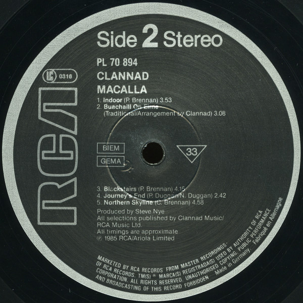 Clannad - Macalla | RCA (PL 70894) - 4