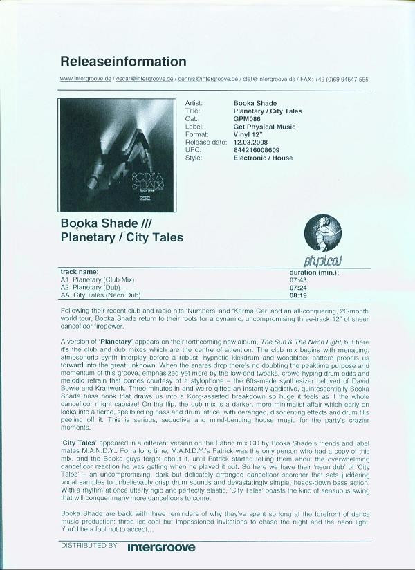 Booka Shade - Planetary / City Tales | Get Physical Music (GPM086)