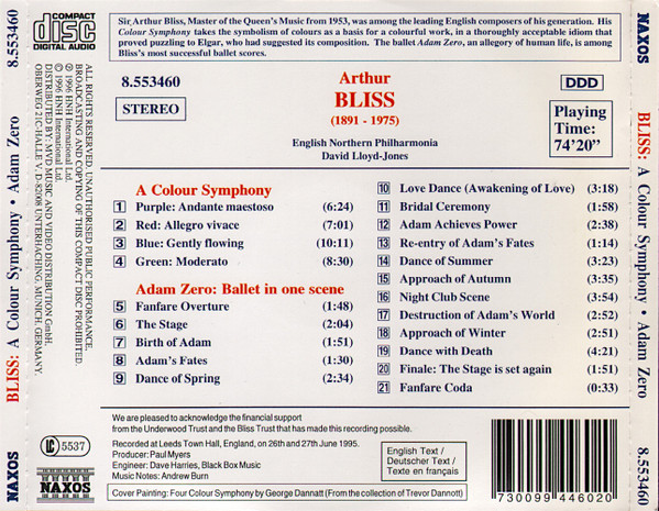Arthur Bliss / English Northern Philharmonia , David Lloyd-Jones - A Colour Symphony • Adam Zero | Naxos (8.553460) - 2